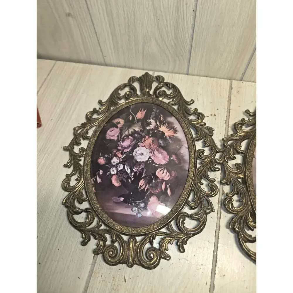 Vintage Set Of Italian Ornate Brass Framed Oval Prints Convex Bubble Glass 10x13